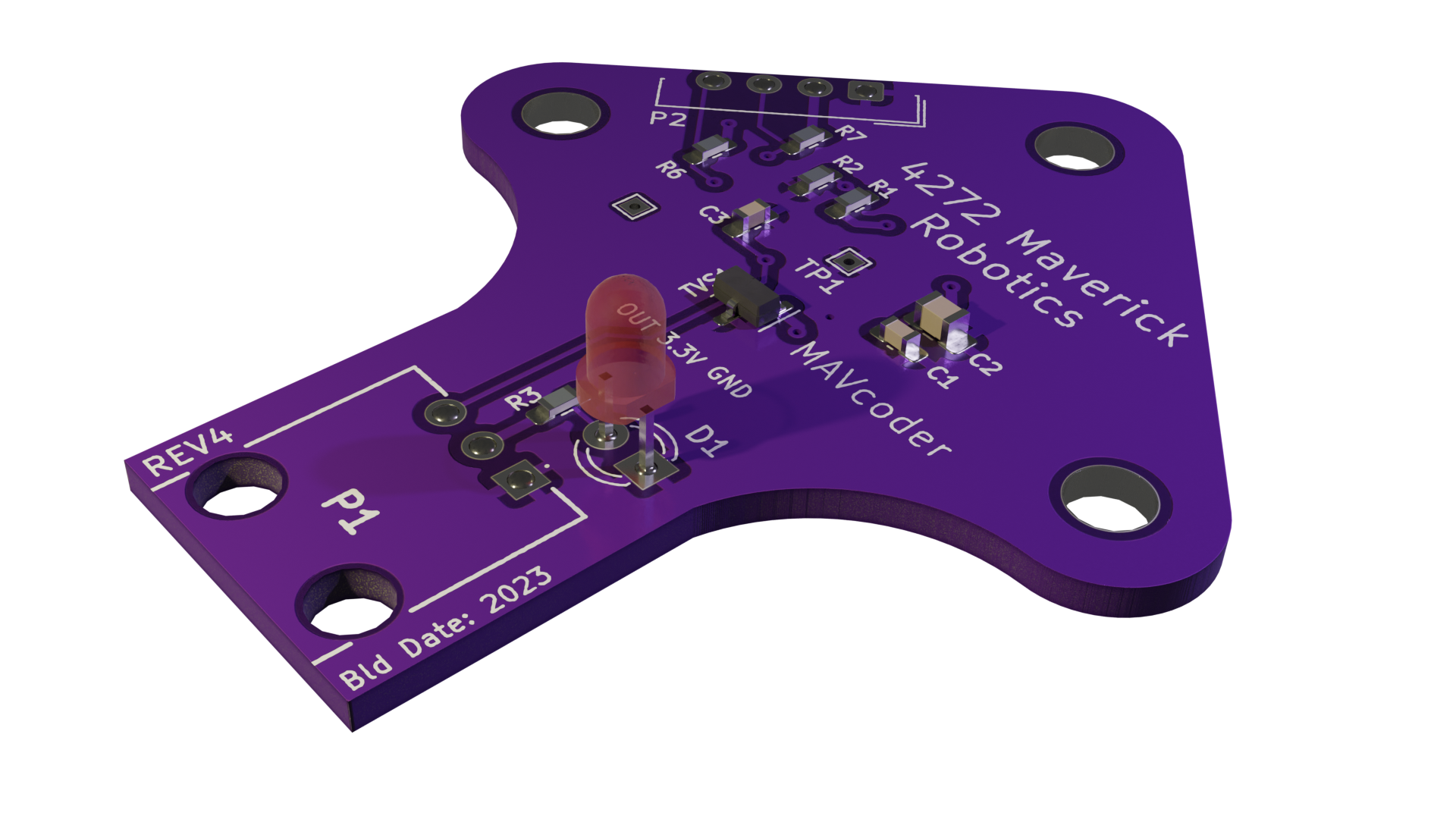 A purple arrow-shaped circuit board with the words 'maverick robotics' on it.